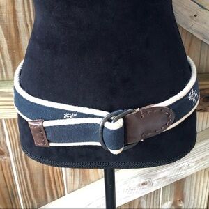 Vintage Wide Navy Blue Cotton Belt White Embroidered Moose Brown Leather Tabs 28